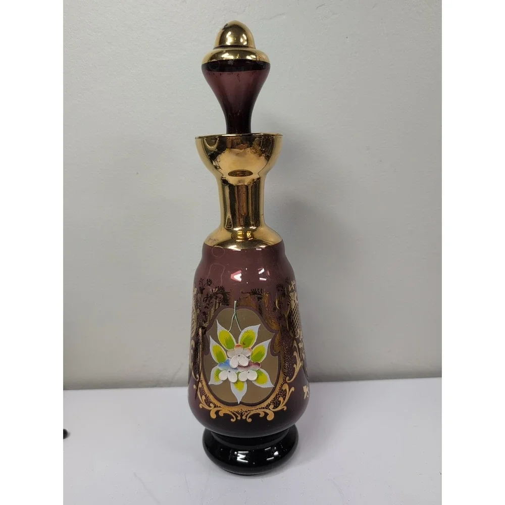 Vtg Purple Amethyst Bohemian Czech Glass Hand Painted Floral 11in‎